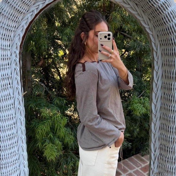 Y2K brown striped oversized 3/4 sleeve t-shirt / size s-L - Picture 4 of 6